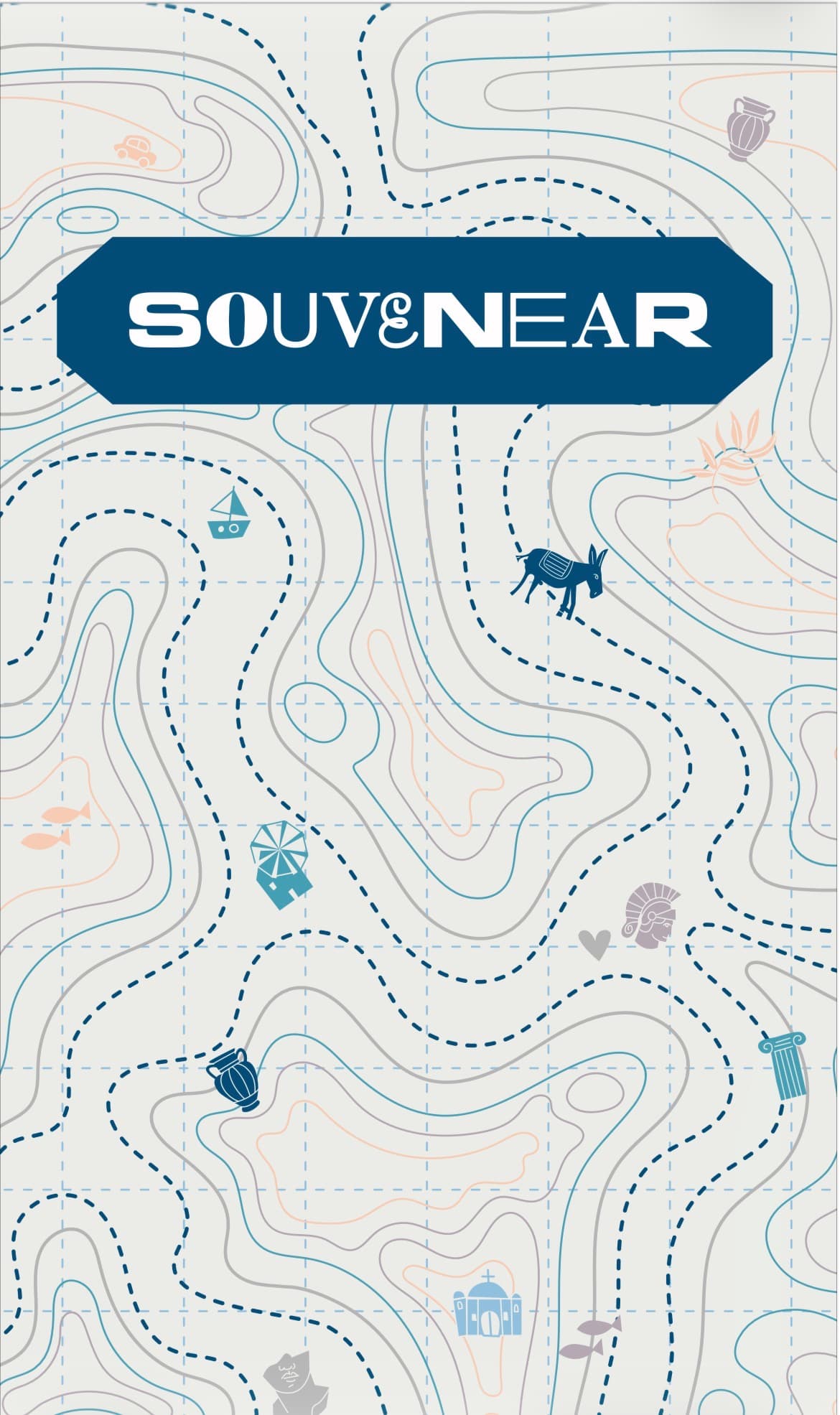 The SouveNear logo on the brand's travel-map pattern, with donkey, amphora, windmill, column, boat, and fish icons